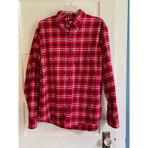 Lands' End Size Large Men's 100% Cotton‎ Red Plaid Flannel Shirt Long Sleeve